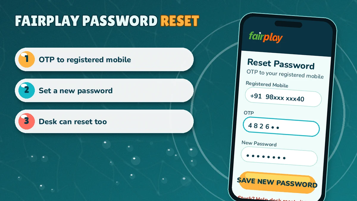 FairPlay login password reset screen with registered mobile and OTP fields