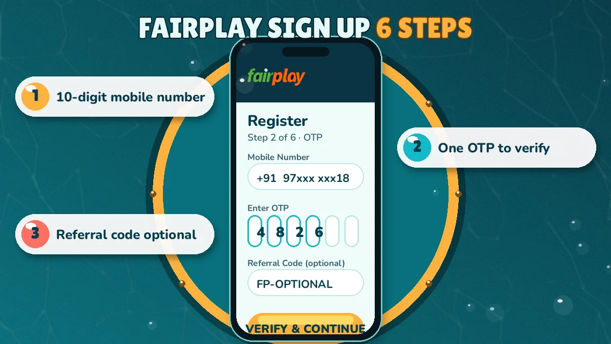 FairPlay sign up form showing the OTP box, User ID tick and referral field