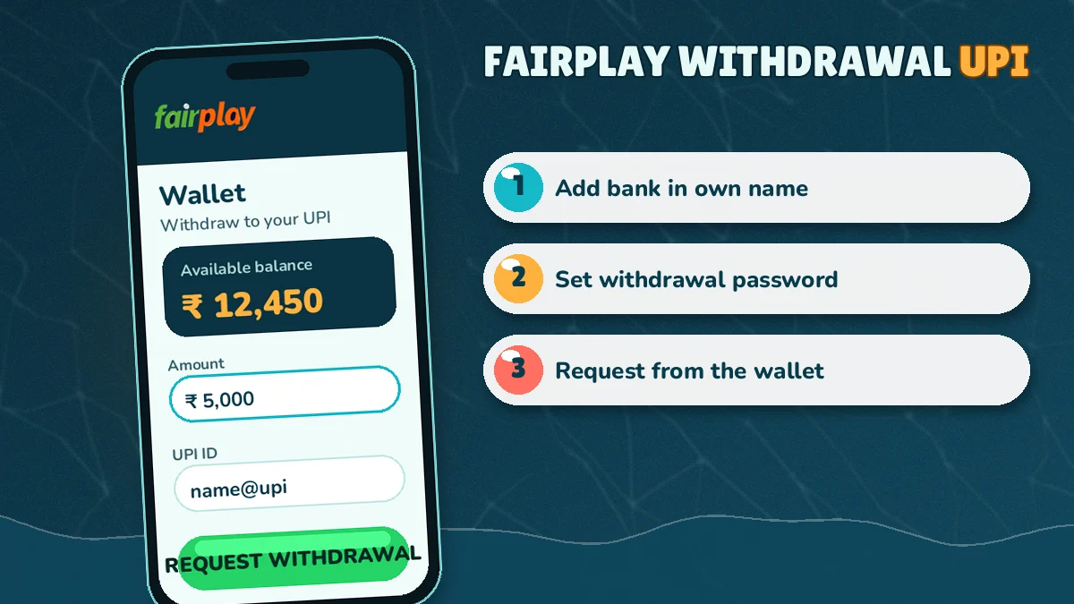 FairPlay withdrawal screen showing wallet balance, bank details and request status